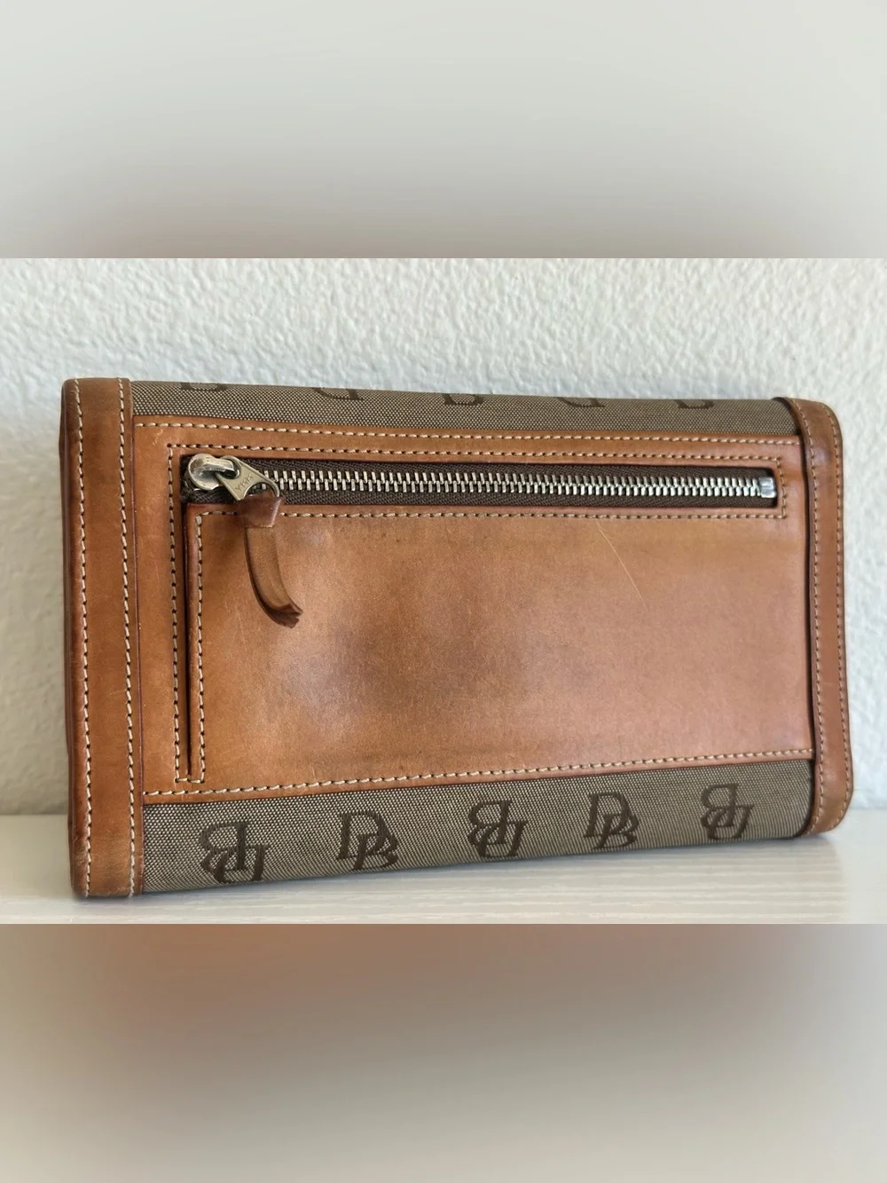 Dooney and Bourke Pattern Vintage Brown Canvas & Tan Leather Clutch Wallet